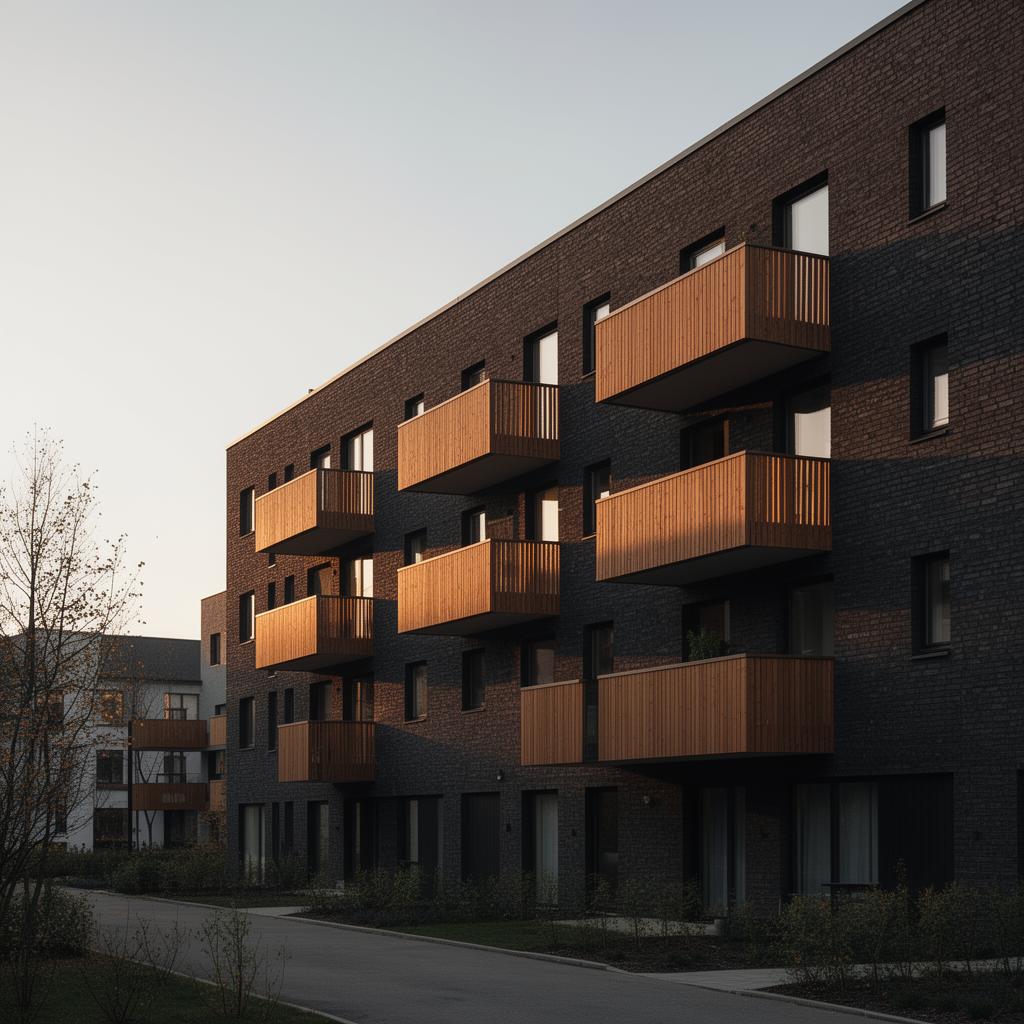 Modernt flerbostadshus i Nyköping i kvällsljus
