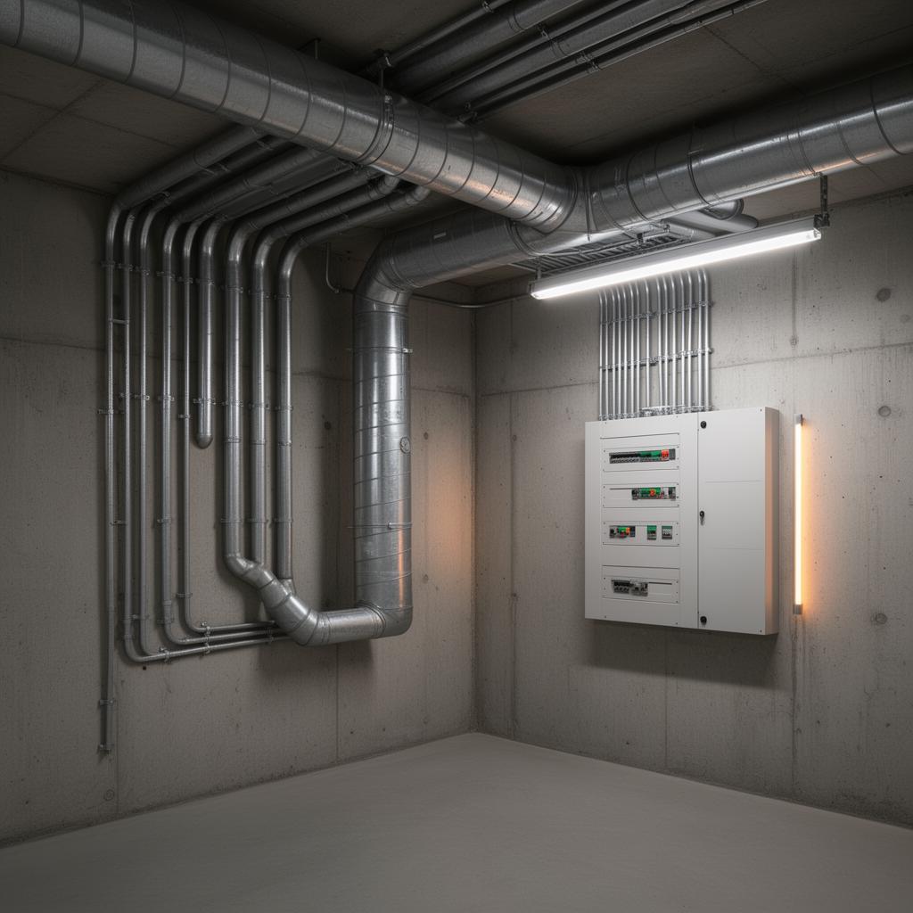 Modernt teknikutrymme med ventilationskanaler och elcentral